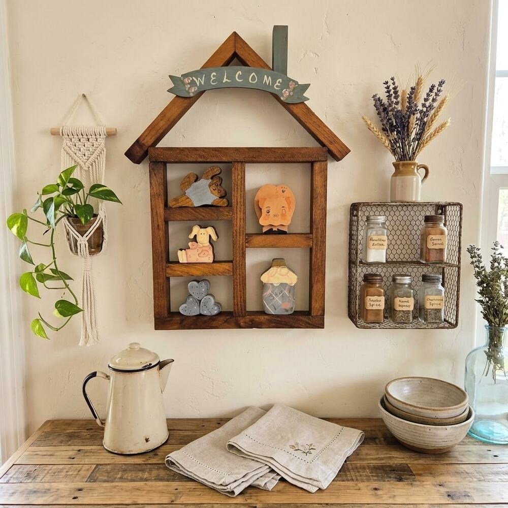 Vintage Wooden House Shadow Box trinket Shelf Welcome Curio with 5 Figures